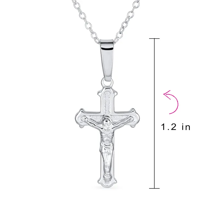 BlingJewelry Wholesale Simple Christian Catholic Pendant Necklace with Jesus Crucifix Cross Sterling Silver Chain Necklaces