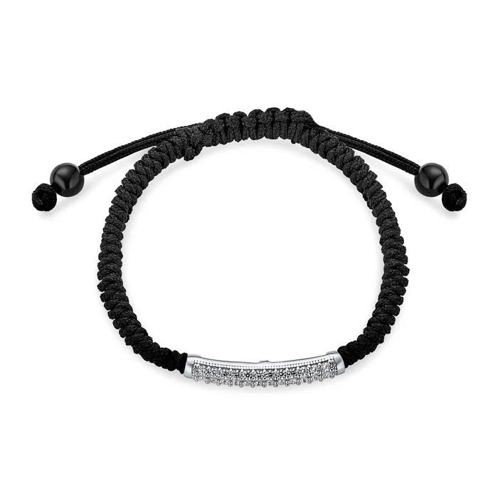 BlingJewelry Wholesale Stackable Strand Bracelet with Curved Bar Black Cord and CZ Pave Silver Bracelets