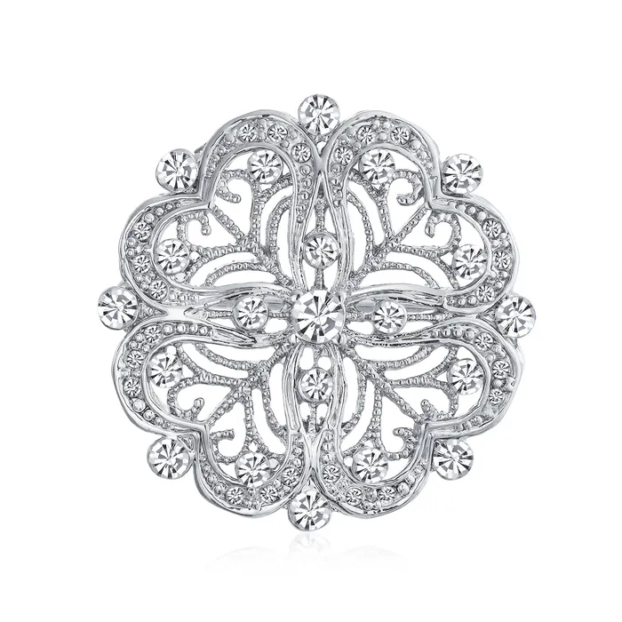 BlingJewelry Wholesale Vintage Antique Style Floral Heart Filigree CZ Brooche Pin Silver Brass Necklaces BlingJewelry Wholesale Vintage Antique Style Floral Heart Filigree CZ Brooche Pin Silver Brass Necklaces