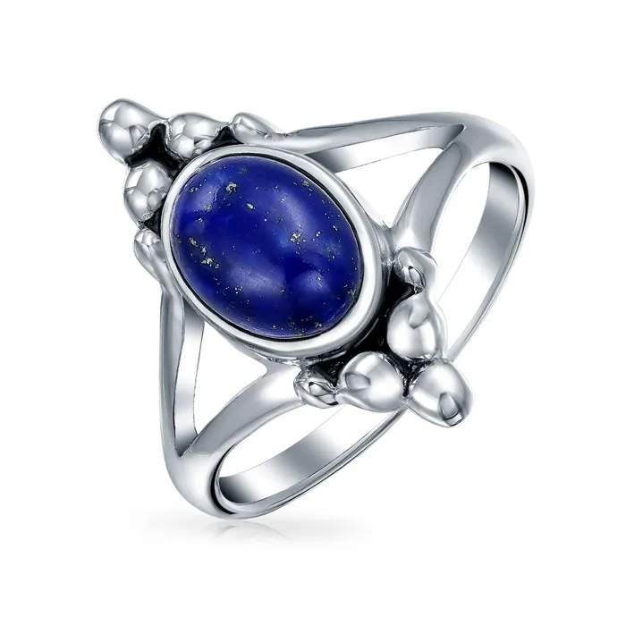Boho Bali Style Silver Ring with Blue Lapis Lazuli Gemstone and Split Shank Band BlingJewelry Wholesale Rings Boho Bali Style Silver Ring with Blue Lapis Lazuli Gemstone and Split Shank Band BlingJewelry Wholesale Rings
