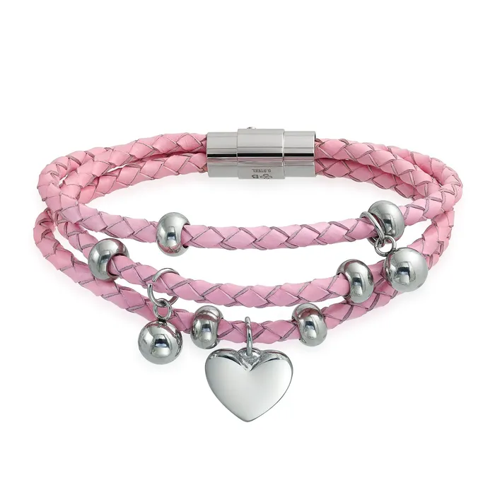 Bracelets BlingJewelry Wholesale Pink or White Wrap Bracelet with Braided Leather and Heart Charms Stainless Steel Bracelets BlingJewelry Wholesale Pink or White Wrap Bracelet with Braided Leather and Heart Charms Stainless Steel