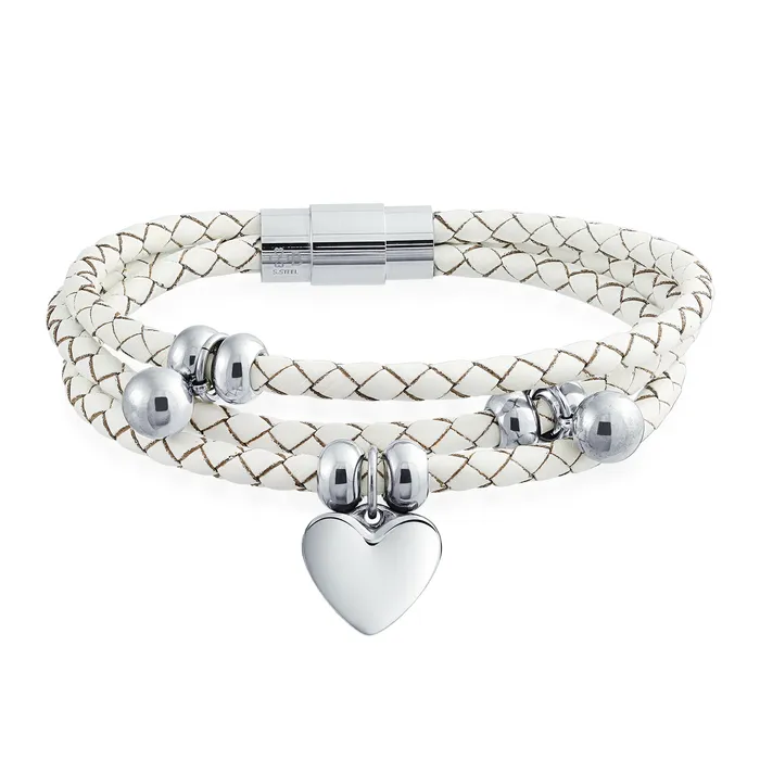 Bracelets BlingJewelry Wholesale Pink or White Wrap Bracelet with Braided Leather and Heart Charms Stainless Steel