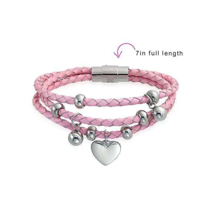 Bracelets BlingJewelry Wholesale Pink or White Wrap Bracelet with Braided Leather and Heart Charms Stainless Steel