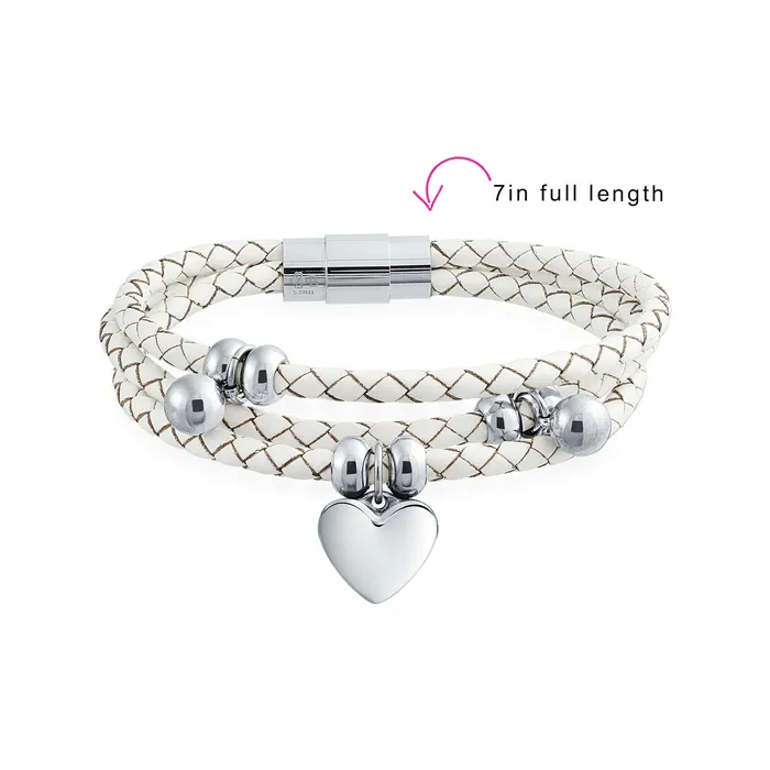 Bracelets BlingJewelry Wholesale Pink or White Wrap Bracelet with Braided Leather and Heart Charms Stainless Steel