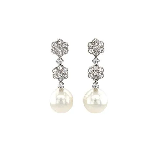 CH Collection White South Sea Pearl Diamond Flower Earrings Earrings
