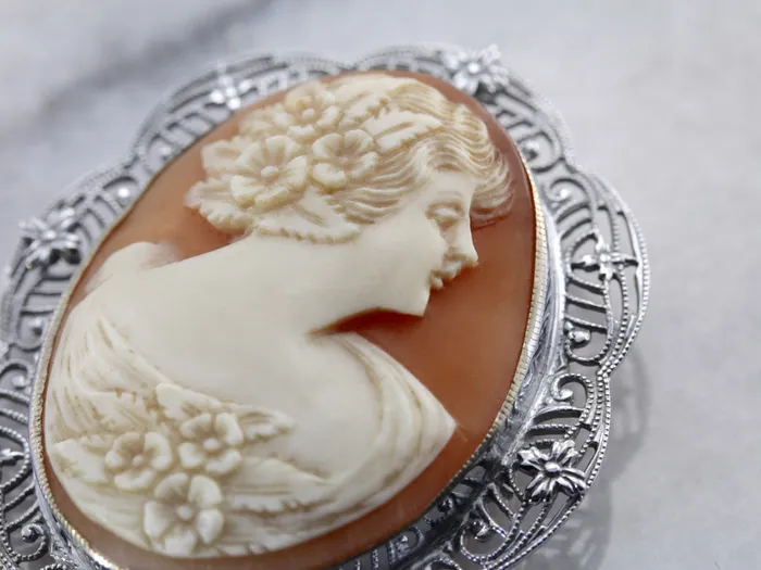 Classic White Gold Filigree Art Deco Cameo Brooch Market Square Jewelers PreStyled Sets Classic White Gold Filigree Art Deco Cameo Brooch Market Square Jewelers PreStyled Sets