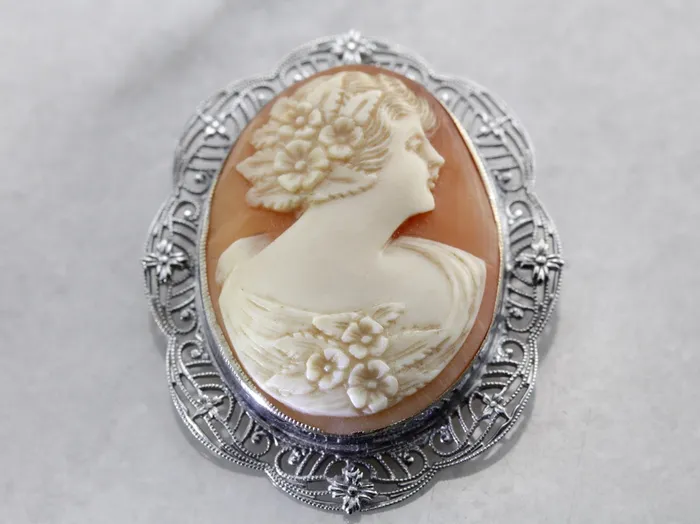 Classic White Gold Filigree Art Deco Cameo Brooch Market Square Jewelers PreStyled Sets Classic White Gold Filigree Art Deco Cameo Brooch Market Square Jewelers PreStyled Sets