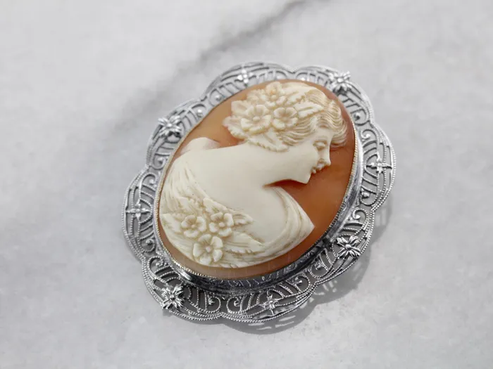 Classic White Gold Filigree Art Deco Cameo Brooch Market Square Jewelers PreStyled Sets Classic White Gold Filigree Art Deco Cameo Brooch Market Square Jewelers PreStyled Sets