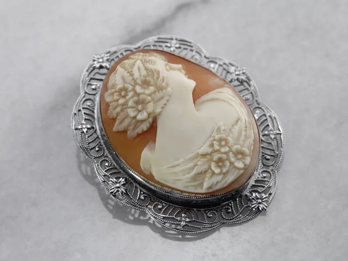 Classic White Gold Filigree Art Deco Cameo Brooch Market Square Jewelers PreStyled Sets Classic White Gold Filigree Art Deco Cameo Brooch Market Square Jewelers PreStyled Sets