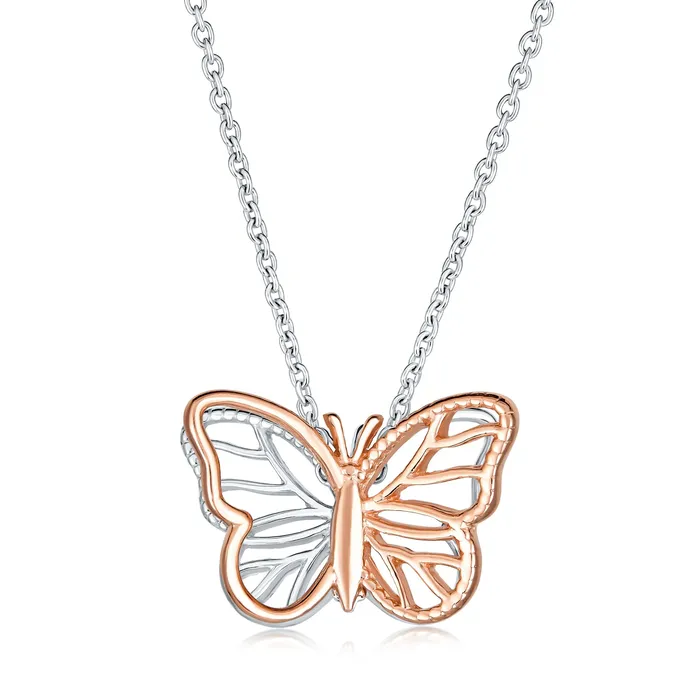 Dainty Garden 3D Butterfly Pendant Necklace TwoTone Rose Gold Silver Chain BlingJewelry Wholesale Necklaces Dainty Garden 3D Butterfly Pendant Necklace TwoTone Rose Gold Silver Chain BlingJewelry Wholesale Necklaces