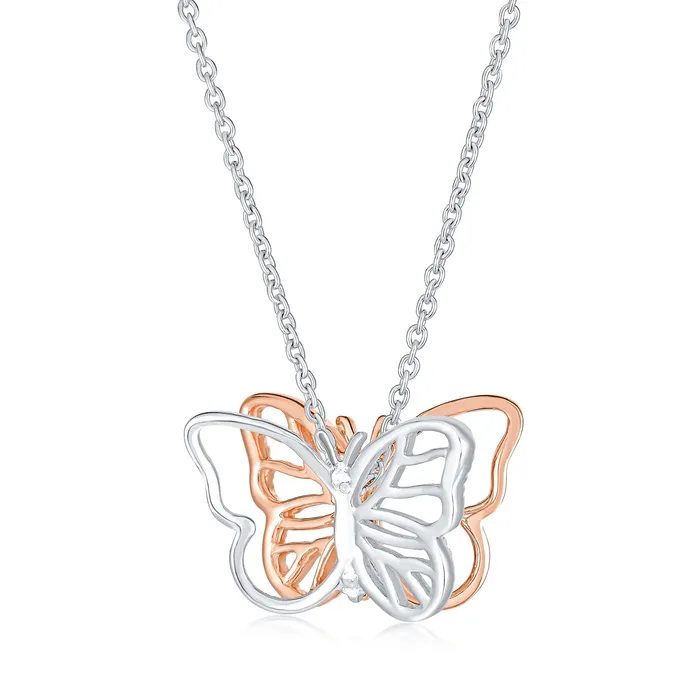 Dainty Garden 3D Butterfly Pendant Necklace TwoTone Rose Gold Silver Chain BlingJewelry Wholesale Necklaces
