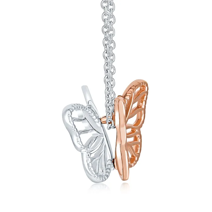 Dainty Garden 3D Butterfly Pendant Necklace TwoTone Rose Gold Silver Chain BlingJewelry Wholesale Necklaces