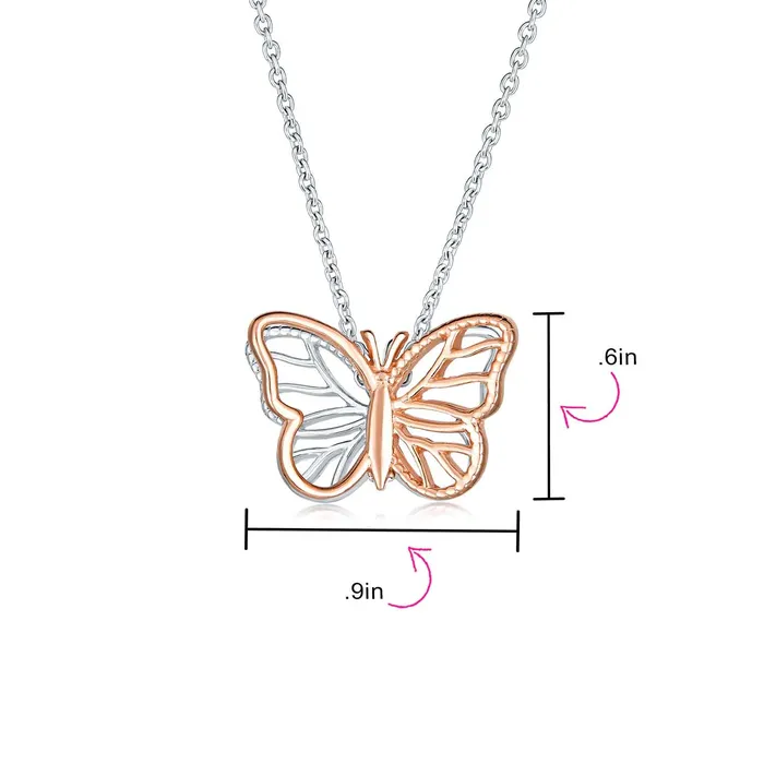 Dainty Garden 3D Butterfly Pendant Necklace TwoTone Rose Gold Silver Chain BlingJewelry Wholesale Necklaces