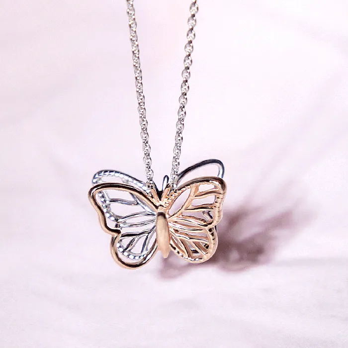 Dainty Garden 3D Butterfly Pendant Necklace TwoTone Rose Gold Silver Chain BlingJewelry Wholesale Necklaces