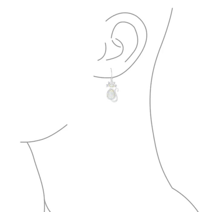 Earrings BlingJewelry Wholesale Curious Cat Dangle Gemstone Earrings in White Opal Sterling Silver