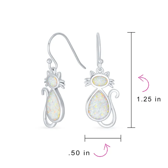 Earrings BlingJewelry Wholesale Curious Cat Dangle Gemstone Earrings in White Opal Sterling Silver