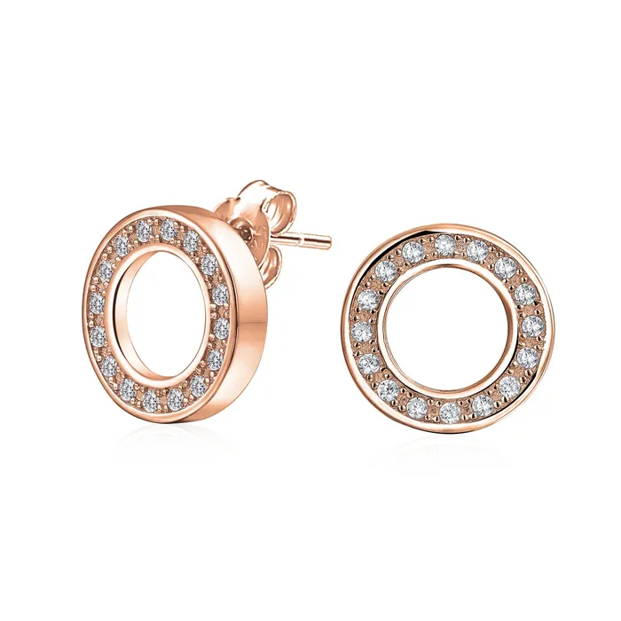 Earrings BlingJewelry Wholesale Geometric Pave CZ Stud Earrings Open Circle Disc Rose Gold Sterling Silver