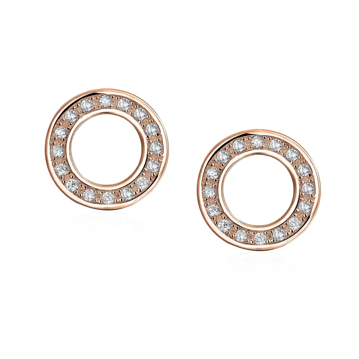 Earrings BlingJewelry Wholesale Geometric Pave CZ Stud Earrings Open Circle Disc Rose Gold Sterling Silver
