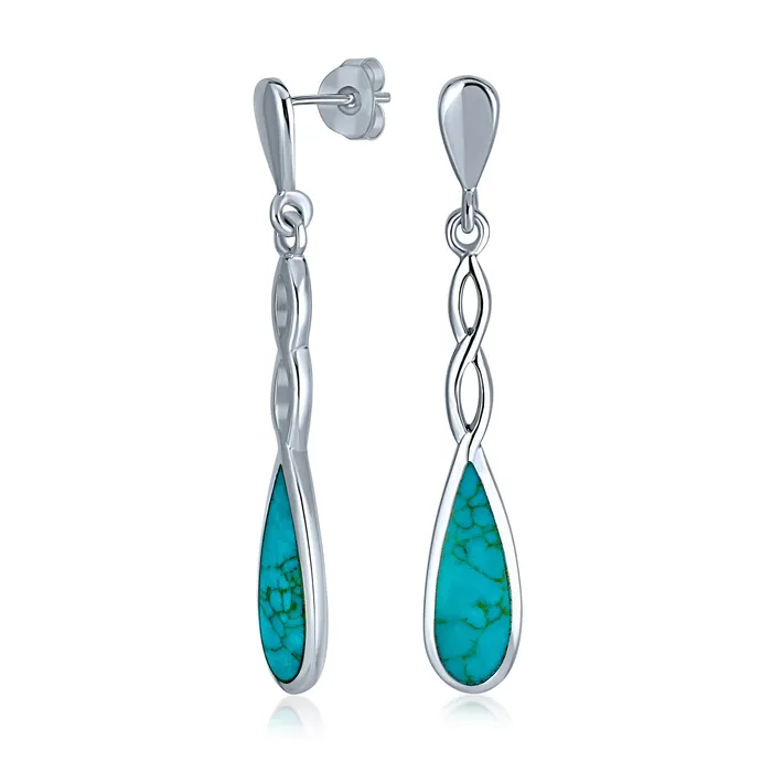 Earrings BlingJewelry Wholesale Linear Infinity Spiral Twist Teardrop Dangle Gemstone Earrings Blue Turquoise Sterling Silver
