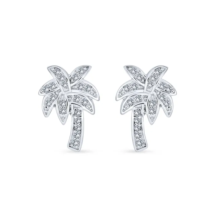 Earrings BlingJewelry Wholesale Nautical Hawaiian CZ Stud Earrings with Palm Tree Design in Sterling Silver