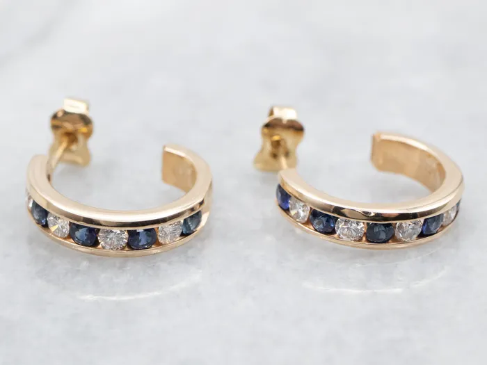 Earrings Market Square Jewelers Channel Set Sapphire and Diamond Hoop Earrings Earrings Market Square Jewelers Channel Set Sapphire and Diamond Hoop Earrings