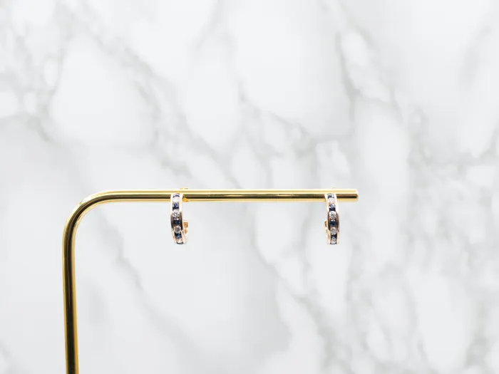 Earrings Market Square Jewelers Channel Set Sapphire and Diamond Hoop Earrings Earrings Market Square Jewelers Channel Set Sapphire and Diamond Hoop Earrings