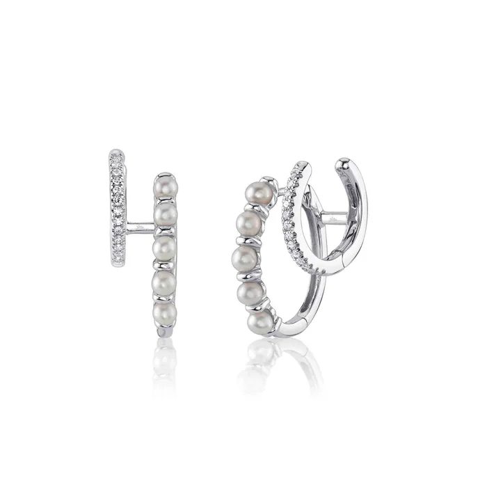 Earrings Shy Creation Shy Creation Diamond Cultured Pearl Double Huggie Earrings 007 CT