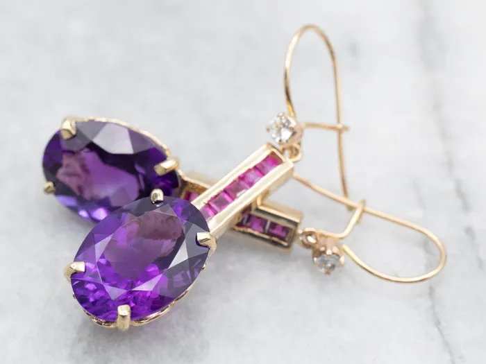 Earrings Yellow Gold Amethyst Drop Earrings with Ruby and White Topaz Accents Market Square Jewelers