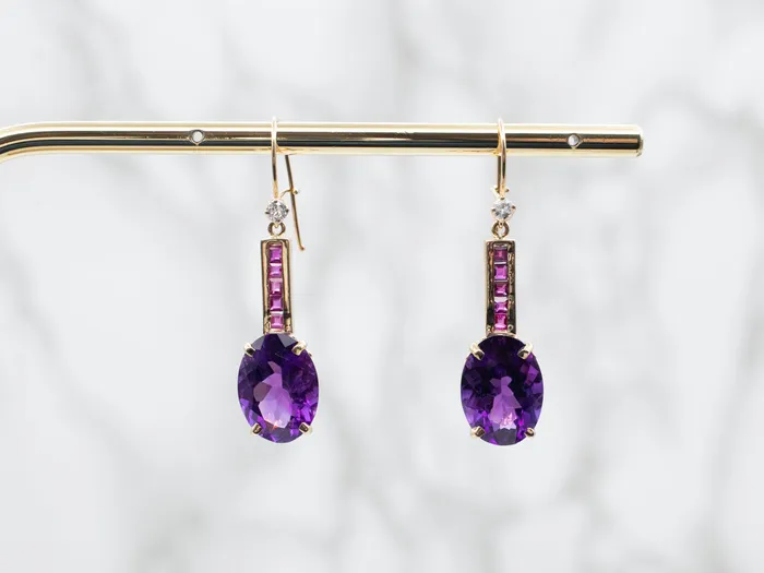 Earrings Yellow Gold Amethyst Drop Earrings with Ruby and White Topaz Accents Market Square Jewelers