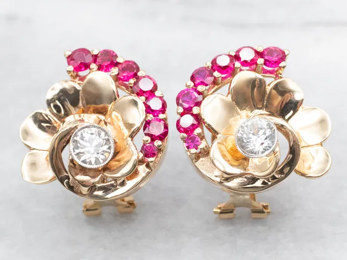 Funky White Topaz and Synthetic Ruby Retro Stud Earrings Market Square Jewelers Earrings