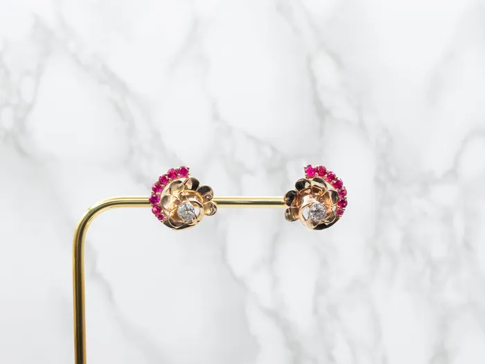Funky White Topaz and Synthetic Ruby Retro Stud Earrings Market Square Jewelers Earrings