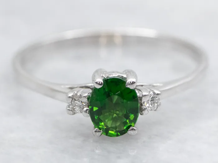 Green Tourmaline and Diamond Three Stone Ring Market Square Jewelers Rings