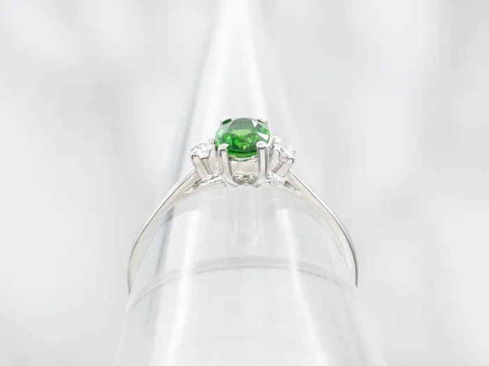 Green Tourmaline and Diamond Three Stone Ring Market Square Jewelers Rings