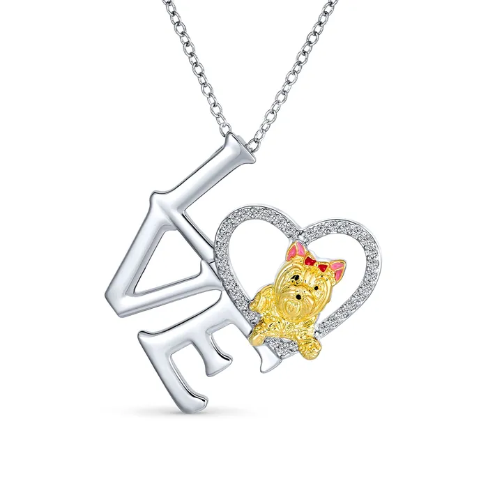 Love Heart Puppy Pet Dog Yorkie Pendant Necklace Gold Silver Plated Chain BlingJewelry Wholesale Necklaces
