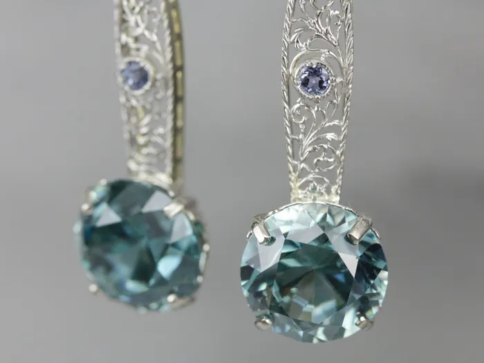 Market Square Jewelers Blue Zircon and Sapphire Filigree Drop Earrings Earrings Market Square Jewelers Blue Zircon and Sapphire Filigree Drop Earrings Earrings