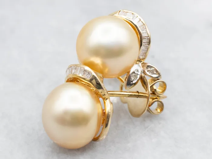 Market Square Jewelers Earrings Champagne Pearl Diamond and Gold Statement Earrings