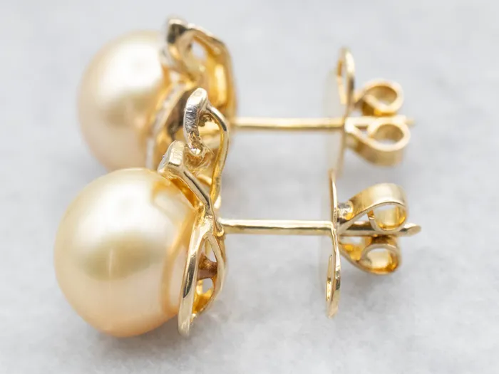 Market Square Jewelers Earrings Champagne Pearl Diamond and Gold Statement Earrings