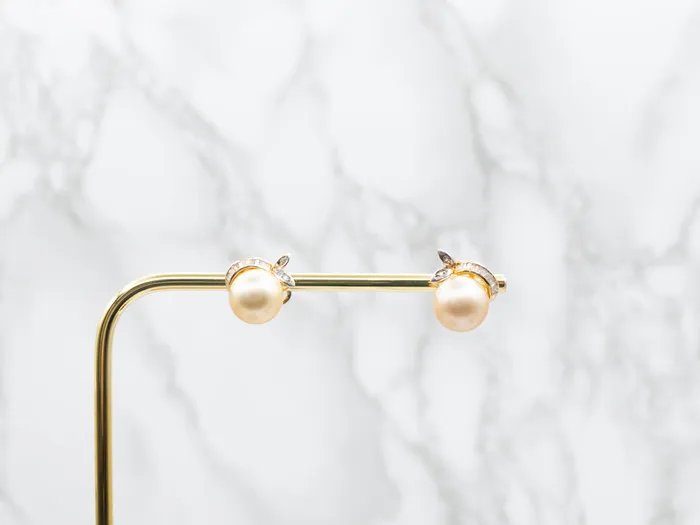 Market Square Jewelers Earrings Champagne Pearl Diamond and Gold Statement Earrings