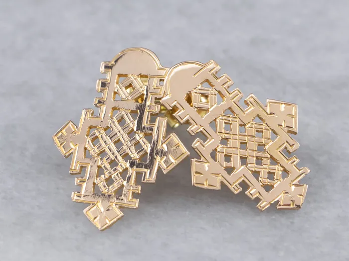 Market Square Jewelers Earrings Etched Gold Ethiopian Cross Stud Earrings