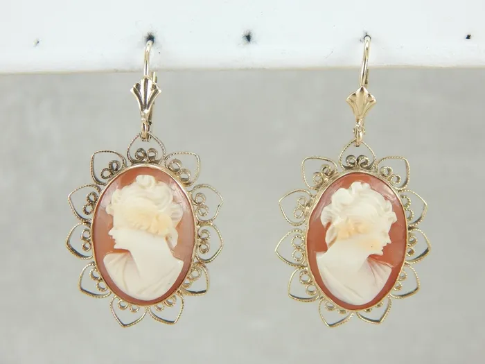 Market Square Jewelers Earrings Retro Era Filigree Framed Cameo Earrings Market Square Jewelers Earrings Retro Era Filigree Framed Cameo Earrings
