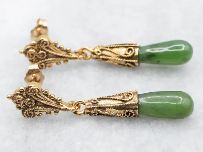 Market Square Jewelers Earrings Scrolling Gold Nephrite Jade Drop Earrings