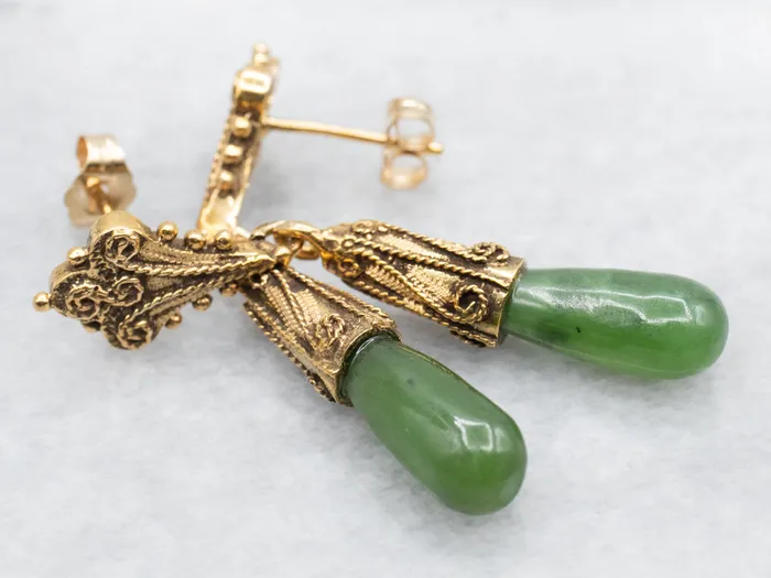 Market Square Jewelers Earrings Scrolling Gold Nephrite Jade Drop Earrings Market Square Jewelers Earrings Scrolling Gold Nephrite Jade Drop Earrings