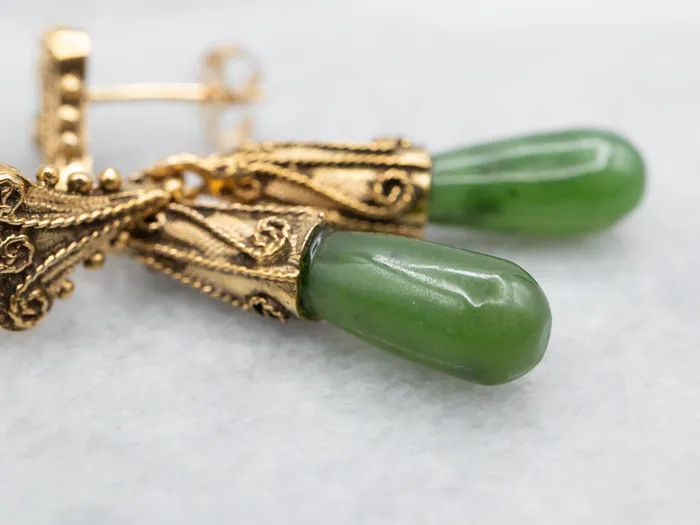 Market Square Jewelers Earrings Scrolling Gold Nephrite Jade Drop Earrings Market Square Jewelers Earrings Scrolling Gold Nephrite Jade Drop Earrings