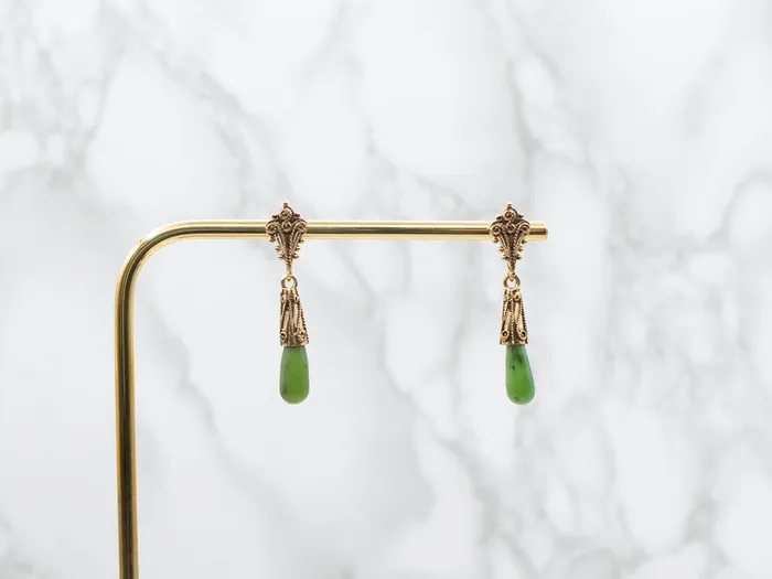 Market Square Jewelers Earrings Scrolling Gold Nephrite Jade Drop Earrings Market Square Jewelers Earrings Scrolling Gold Nephrite Jade Drop Earrings