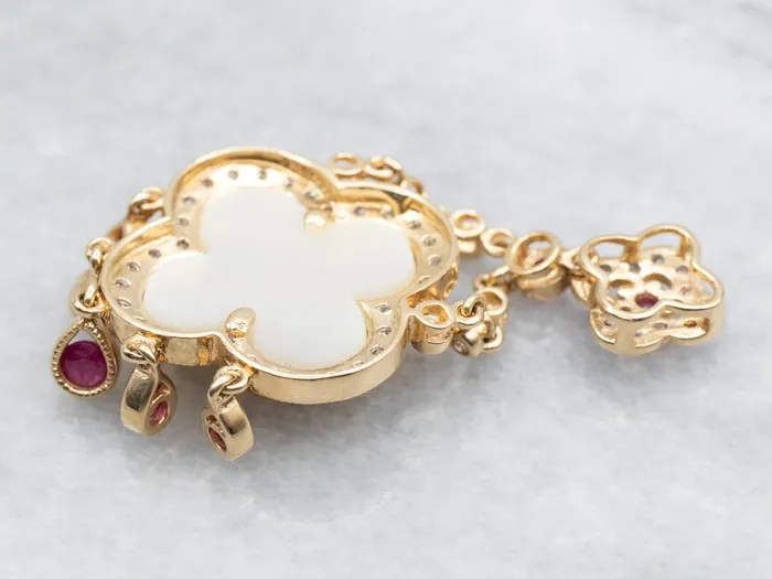 Market Square Jewelers Floral Gold Diamond Ruby and Mother of Pearl Pendant Necklaces