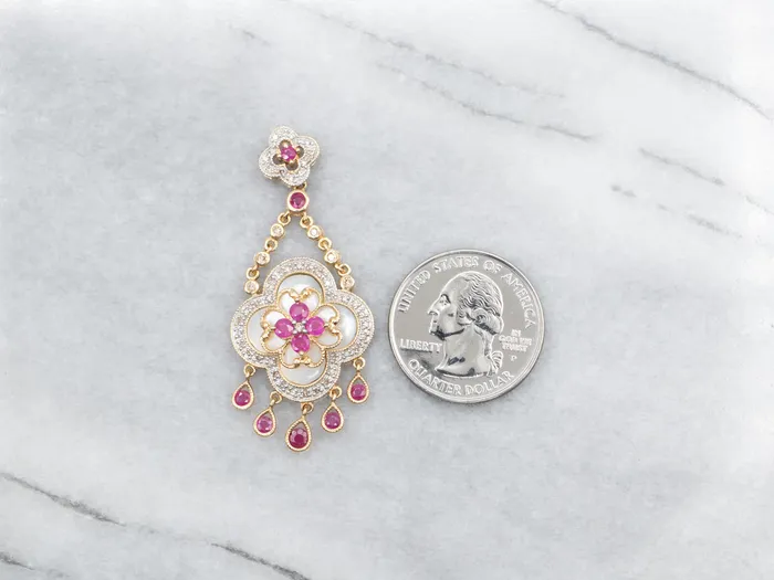 Market Square Jewelers Floral Gold Diamond Ruby and Mother of Pearl Pendant Necklaces