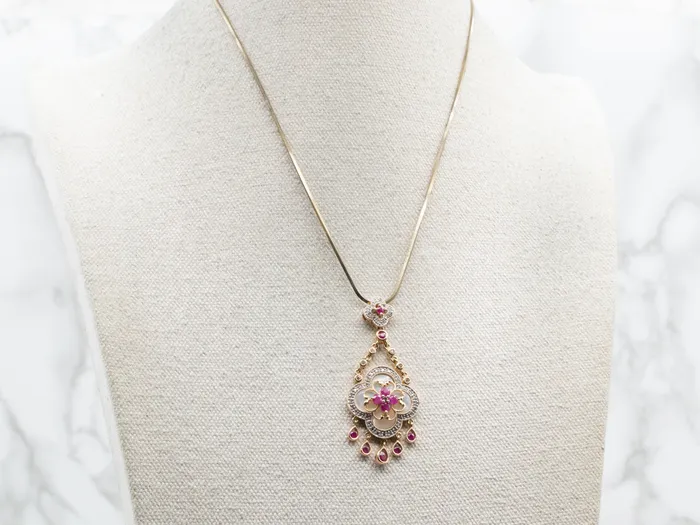 Market Square Jewelers Floral Gold Diamond Ruby and Mother of Pearl Pendant Necklaces