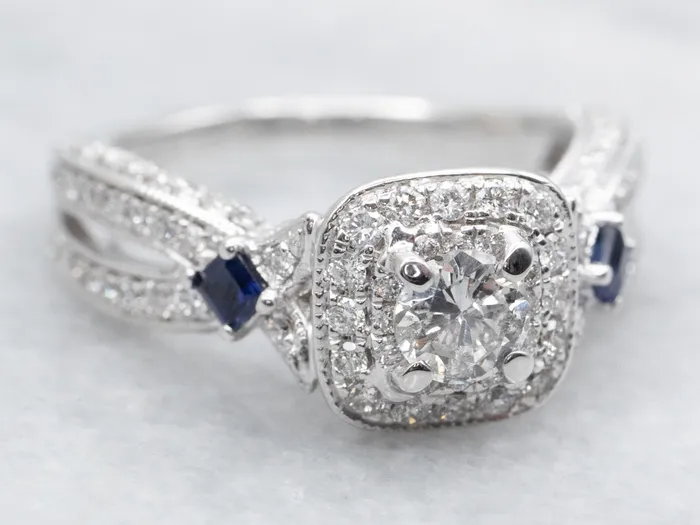 Market Square Jewelers Modern Diamond Halo and Sapphire Accent Engagement Ring Rings