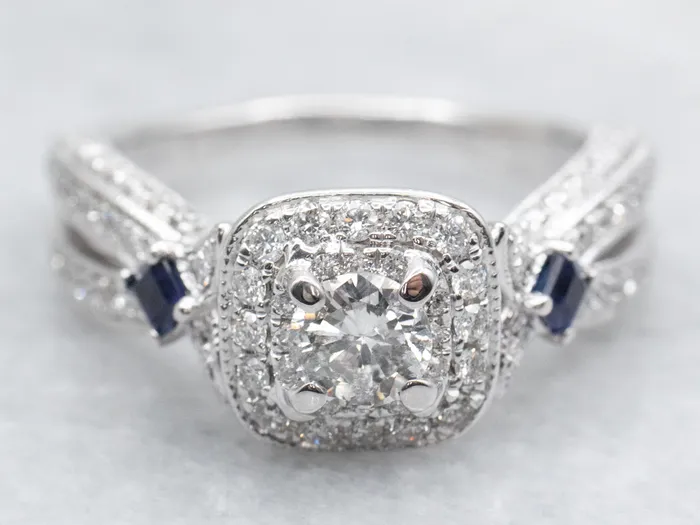 Market Square Jewelers Modern Diamond Halo and Sapphire Accent Engagement Ring Rings