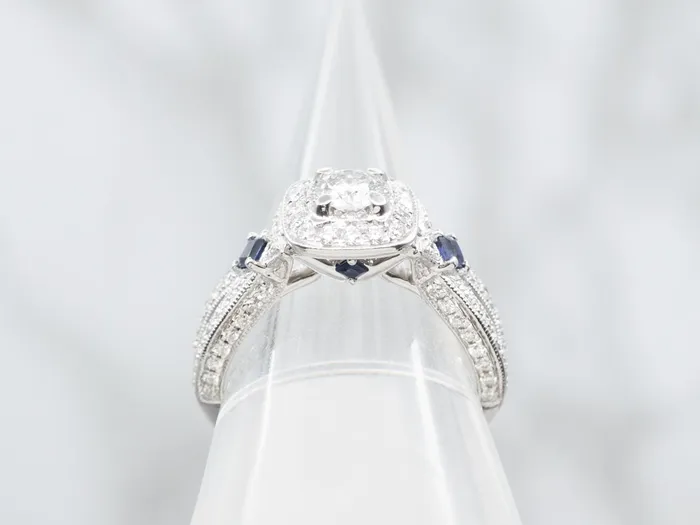 Market Square Jewelers Modern Diamond Halo and Sapphire Accent Engagement Ring Rings